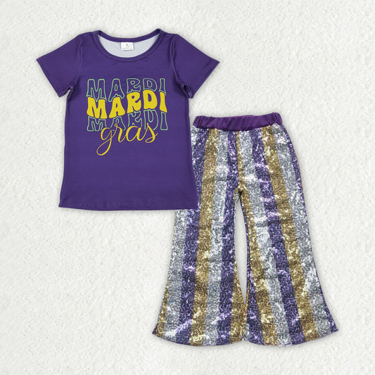 GSPO2162 Mardi Gras Purple Short Sleeve Striped Sequin Pants Girls Set