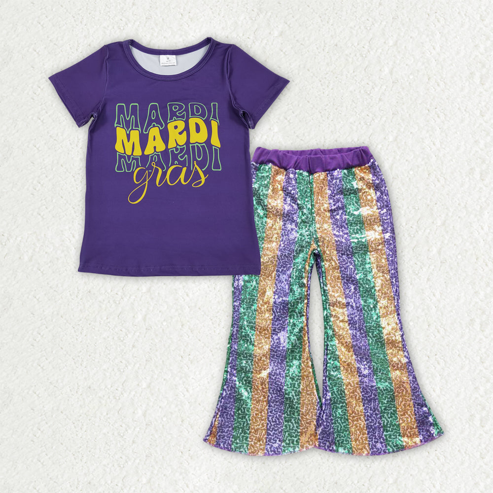 GSPO2163 Mardi Gras Purple Short Sleeve Striped Sequin Pants Girls Set