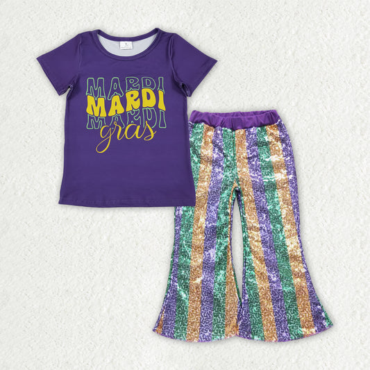 GSPO2163 Mardi Gras Purple Short Sleeve Striped Sequin Pants Girls Set