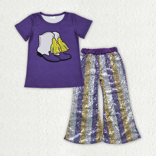 GSPO2164 Mardi Gras Boot Purple Short Sleeve Striped Sequin Pants Girls Set