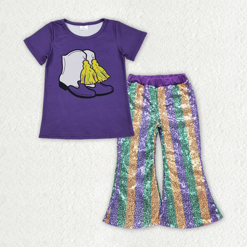 GSPO2165 Mardi Gras Boot Purple Short Sleeve Striped Sequin Pants Girls Set