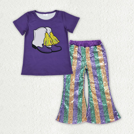 GSPO2165 Mardi Gras Boot Purple Short Sleeve Striped Sequin Pants Girls Set