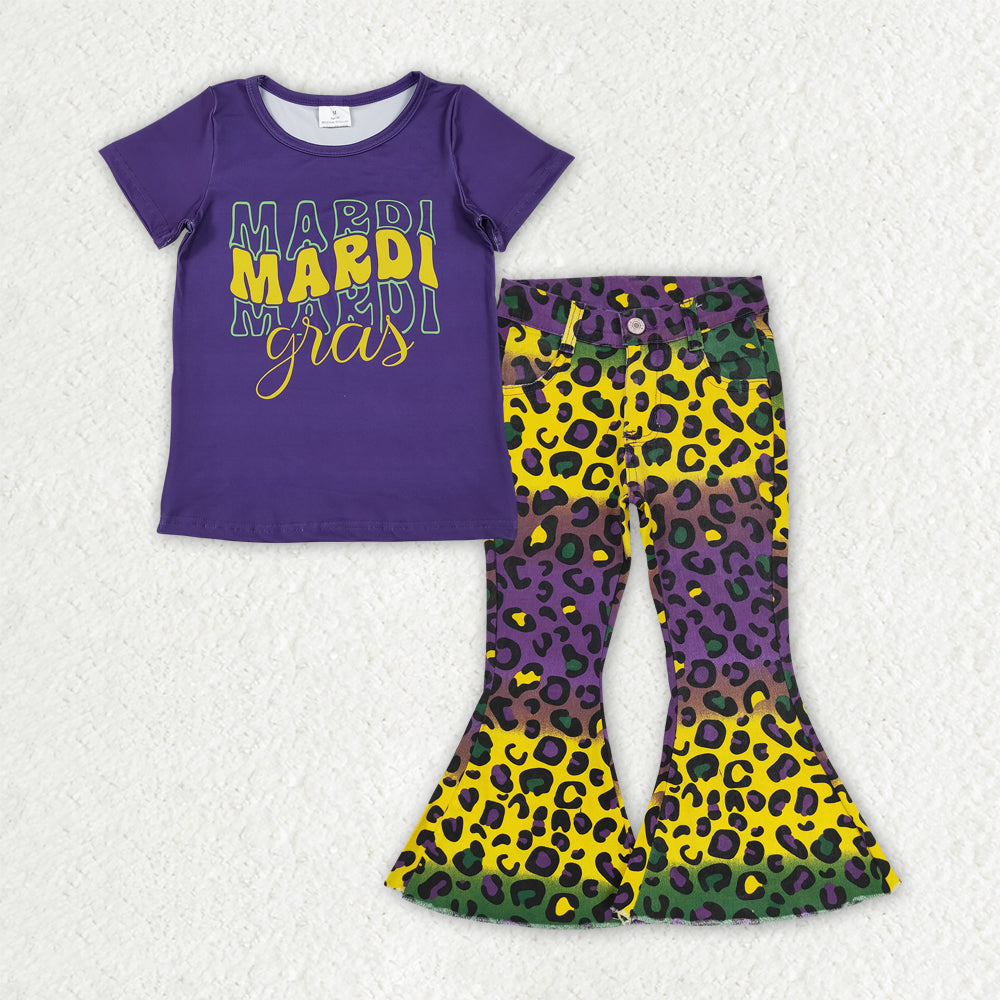 GSPO2166 Mardi Gras Purple Short Sleeve Leopard Jeans Girls Set