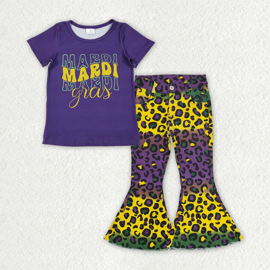 GSPO2166 Mardi Gras Purple Short Sleeve Leopard Jeans Girls Set