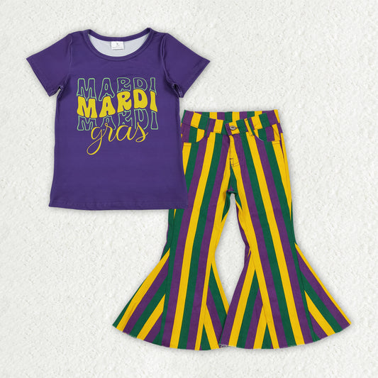 GSPO2167 Mardi Gras Purple Short Sleeve Striped Jeans Girls Set