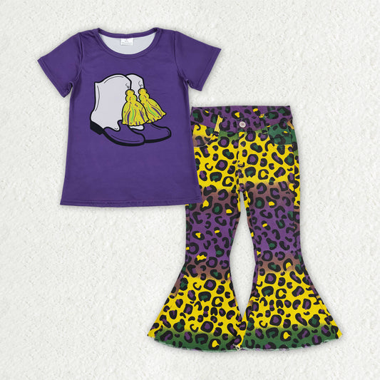 GSPO2168 Mardi Gras Boot Purple Short Sleeve Leopard Jeans Girls Set