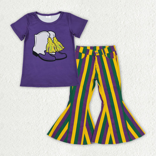 GSPO2169 Mardi Gras Boot Purple Short Sleeve Striped Jeans Girls Set
