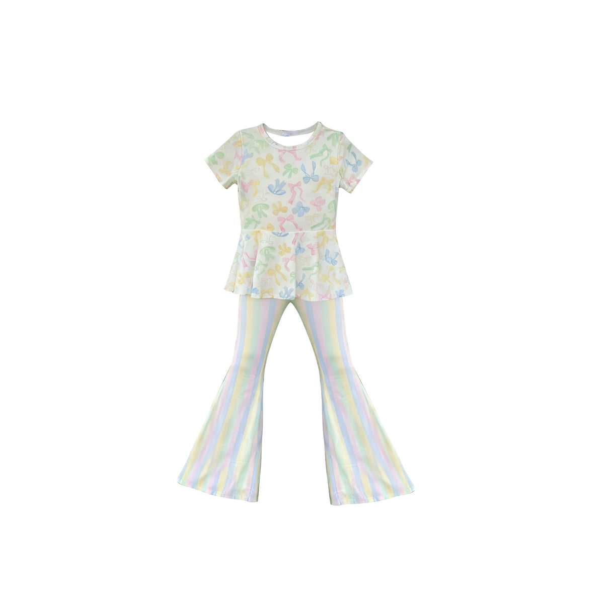 preorder GSPO2196 Colorful Bows Short Sleeve Striped Pants Girls Set
