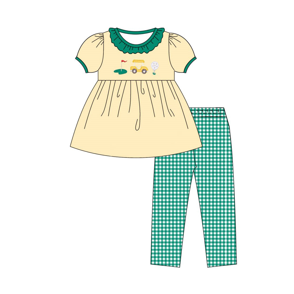 preorder GSPO2207 Golf Yellow Short Sleeve Green Checkered Pants Girls Set
