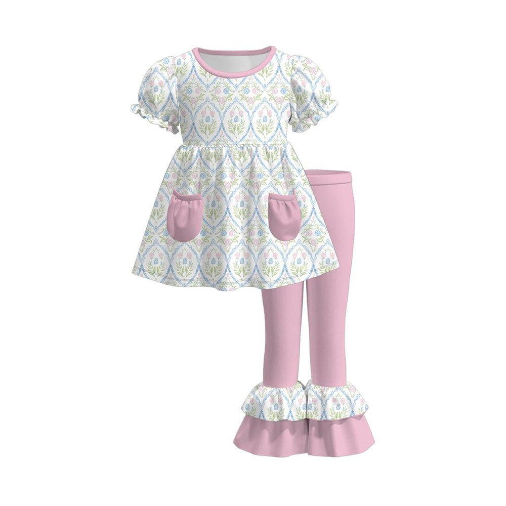 preorder GSPO2219 Blue Pink Flowers Short Sleeve Pink Pants Girls Set