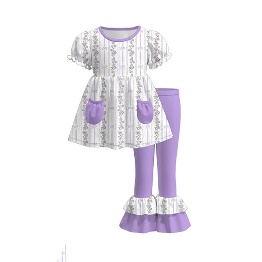 preorder GSPO2220 Purple Flowers Short Sleeve Purple Pants Girls Set