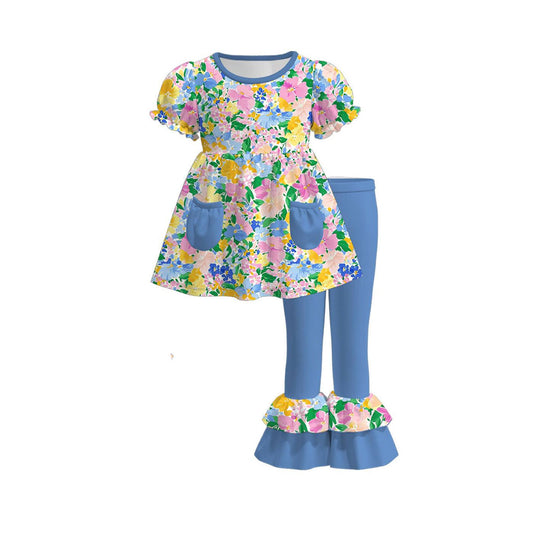 preorder GSPO2221 Colorful Flowers Short Sleeve Blue Pants Girls Set