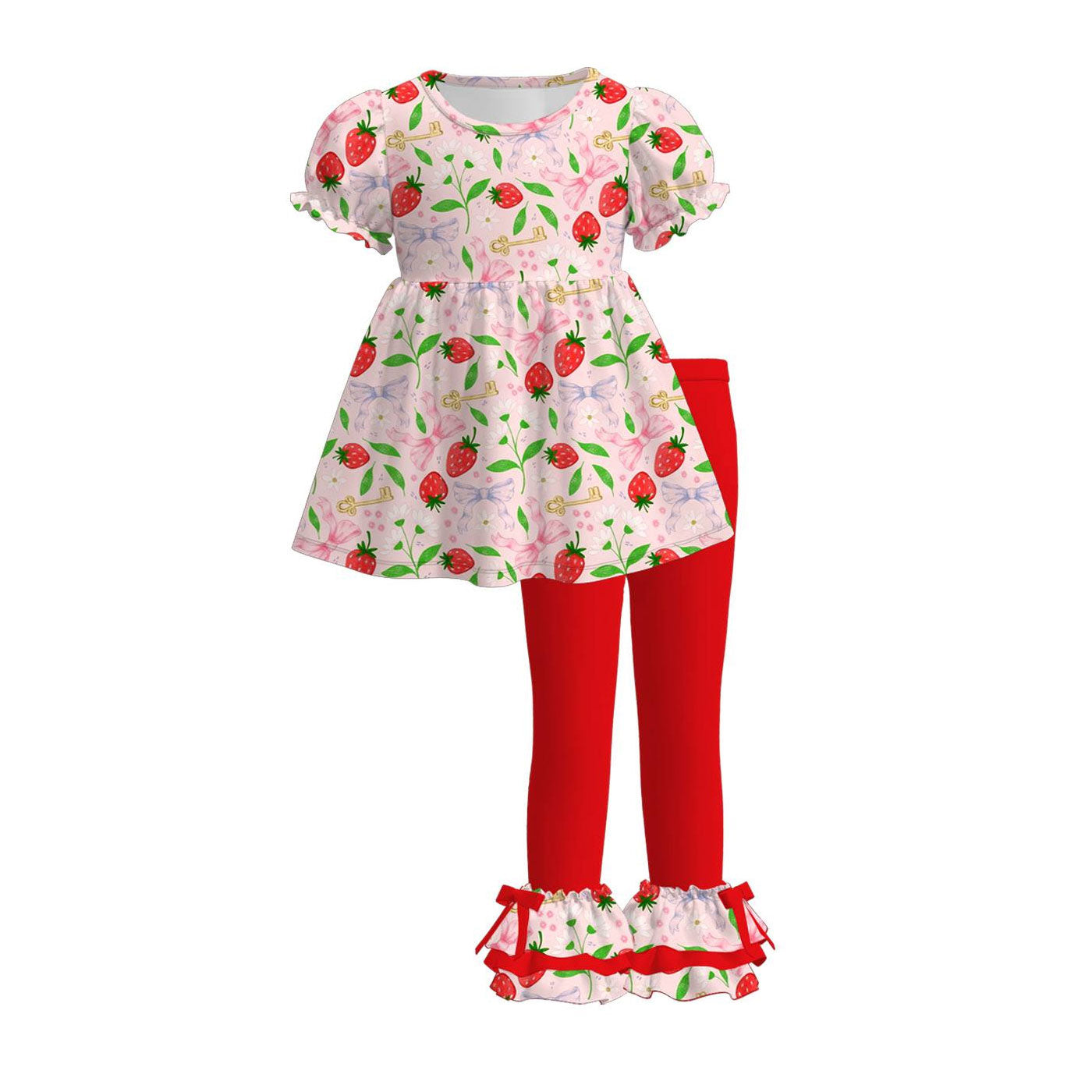 preorder GSPO2222 Strawberry Bows Short Sleeve Red Pants Girls Set