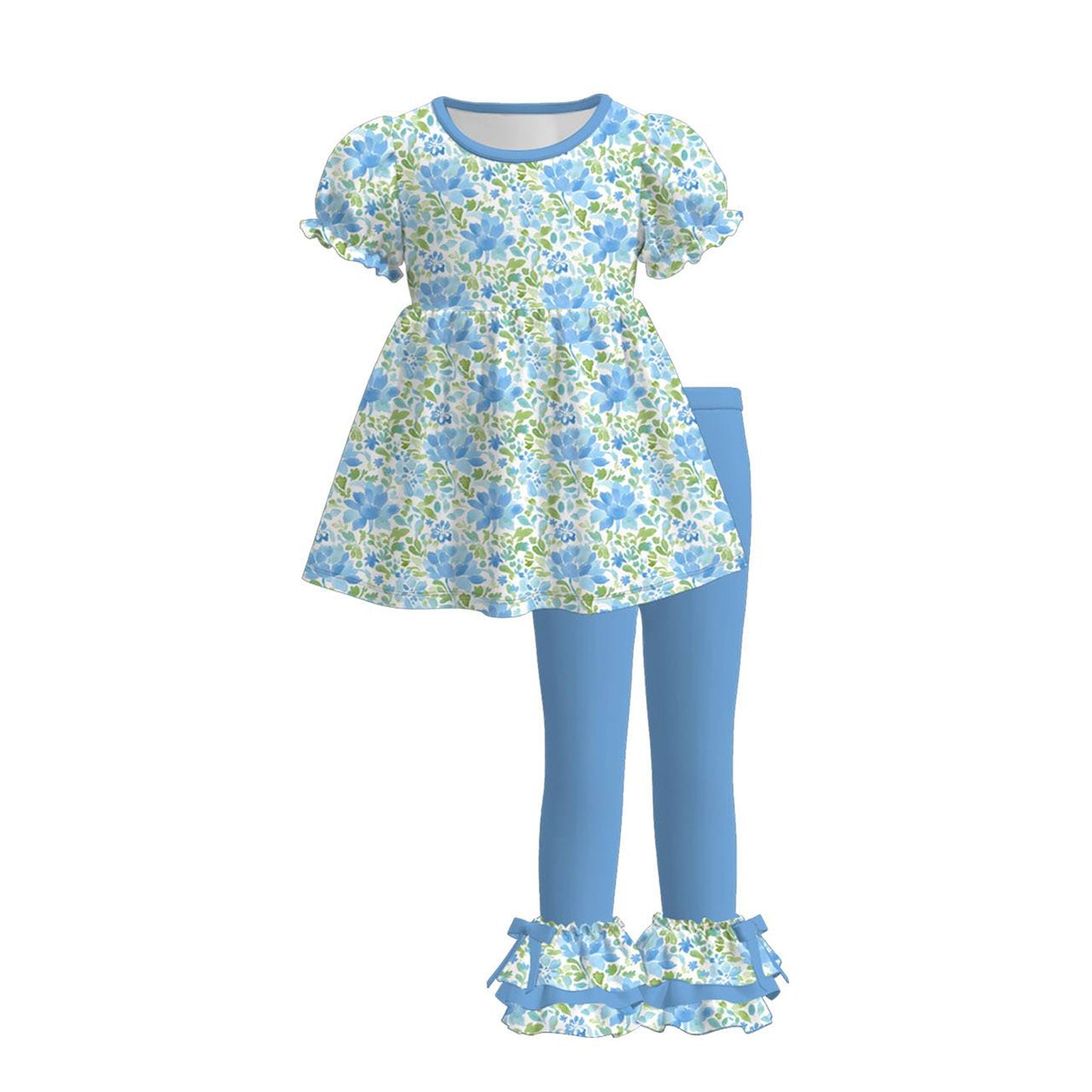 preorder GSPO2223 Blue Flowers Floral Short Sleeve Pants Girls Set