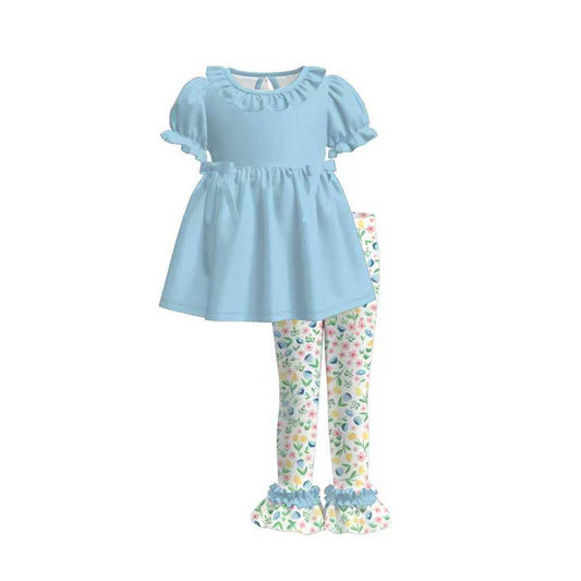 preorder GSPO2225 Blue Short Sleeve Colorful Flowers Pants Girls Set