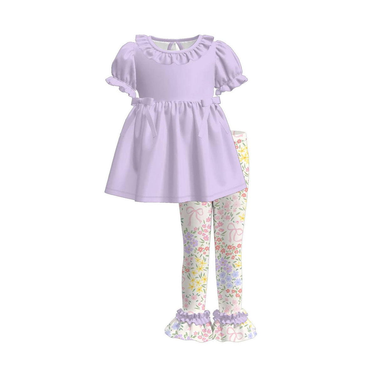 preorder GSPO2226 Purple Short Sleeve Colorful Flowers Pants Girls Set