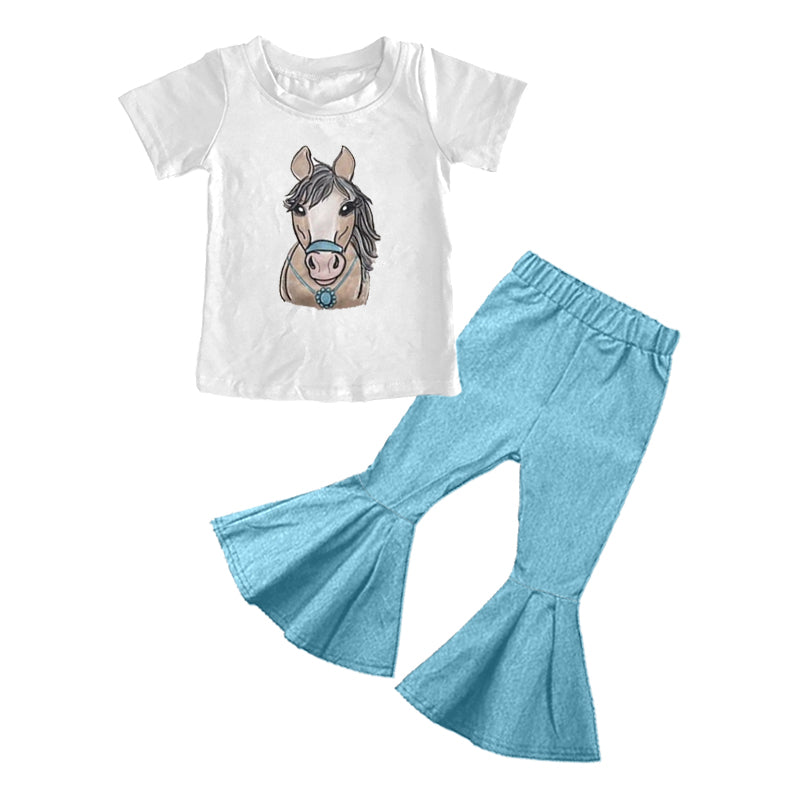 preorder GSPO2235 Western Horse Short Sleeve Blue Pants Girls Set
