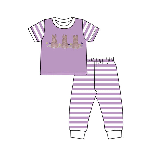 preorder GSPO2240 Easter Bunny Rabbit Flowers Purple Short Sleeve Striped Pants Girls Set