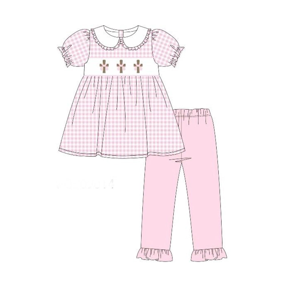 preorder GSPO2242 Easter Cross Pink Checkered Short Sleeve Pink Pants Girls Set