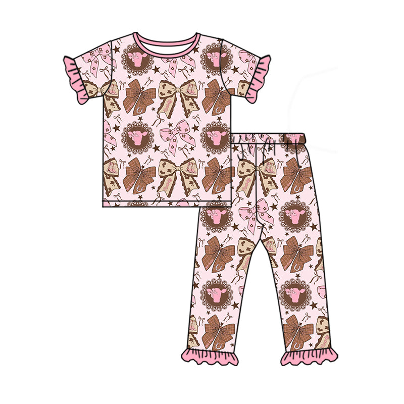 preorder GSPO2244 Cow Bows Pink Short Sleeve Pants Girls Pajamas