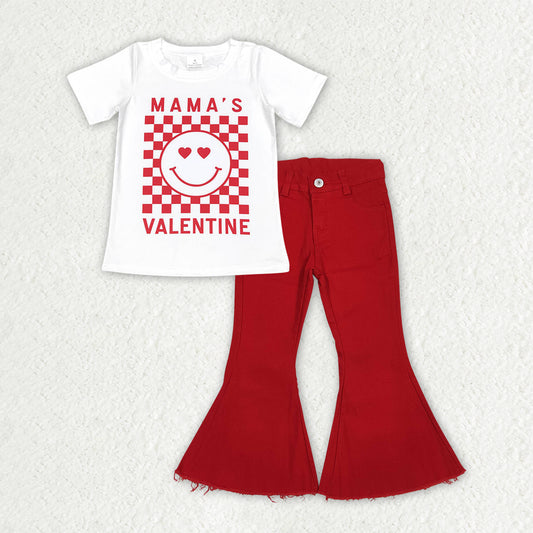 GSPO2245 Valentine's Day Mama's Valentine Smile Short Sleeve Red Jeans Girls Set