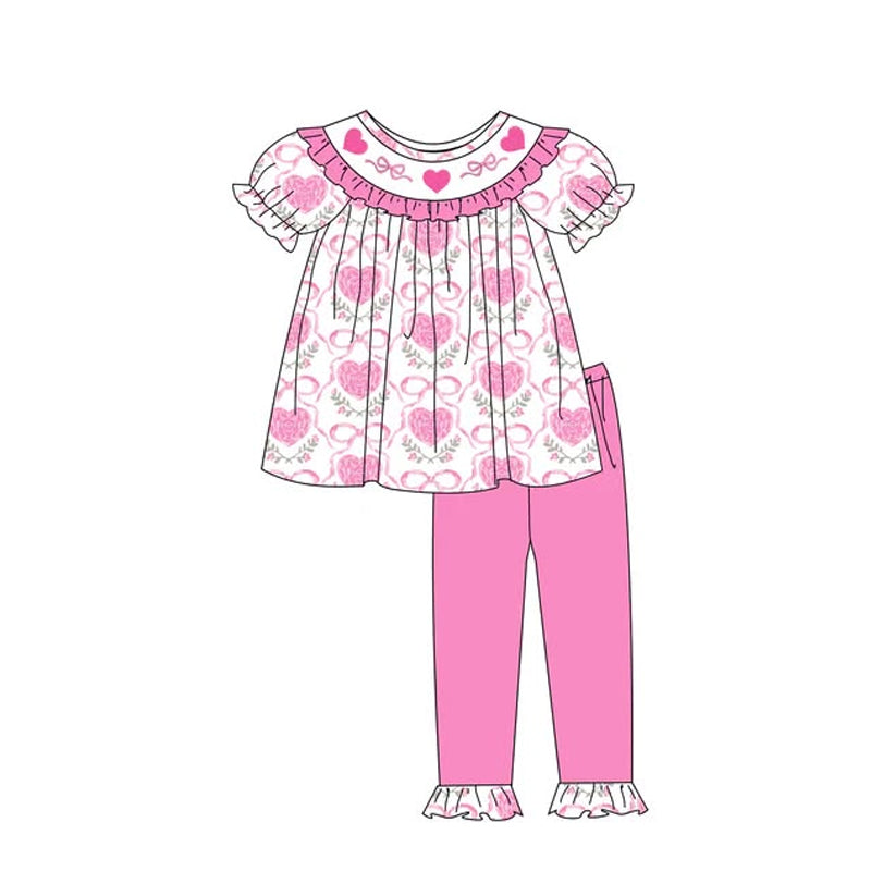 preorder GSPO2246 Valentine's Day Heart Bows Short Sleeve Hot Pink Pants Girls Set