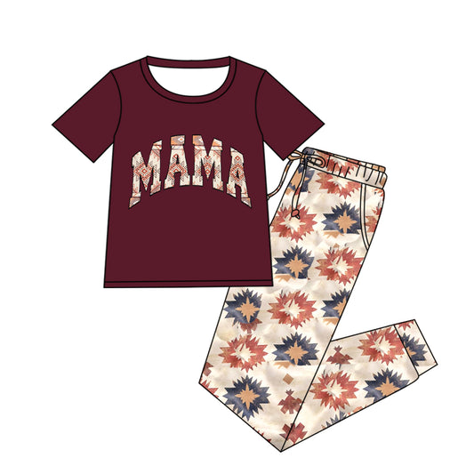 preorder GSPO2253 Western Mama Maroon Short Sleeve Aztec Pants Adult Women Set