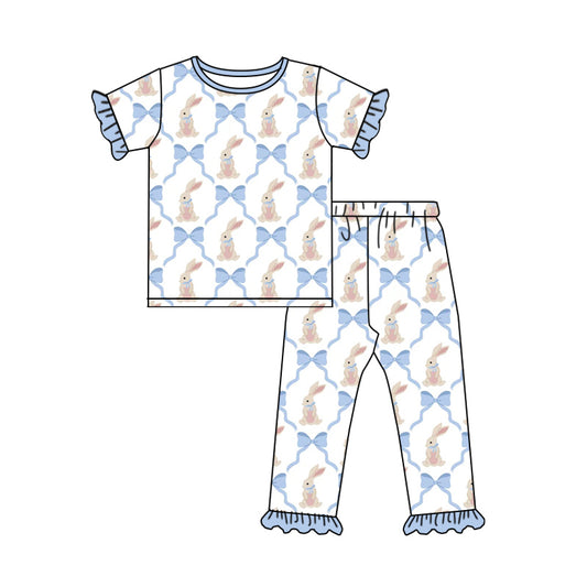 preorder GSPO2260 Easter Bunny Rabbit Bows Blue Short Sleeve Pants Girls Pajamas