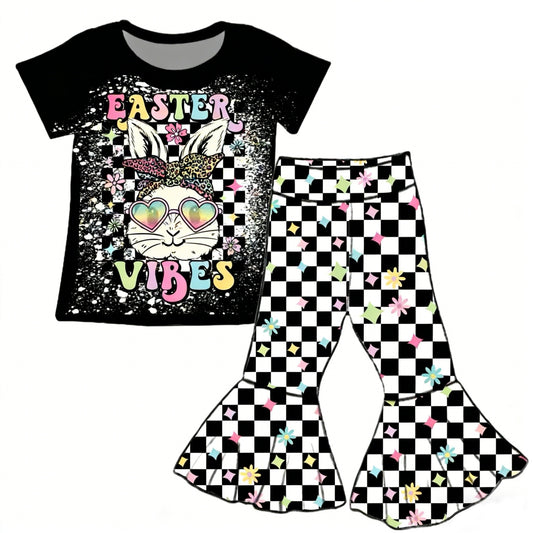 preorder GSPO2271 Easter Vibes Rabbit Black Short Sleeve Checkered Pants Girls Set