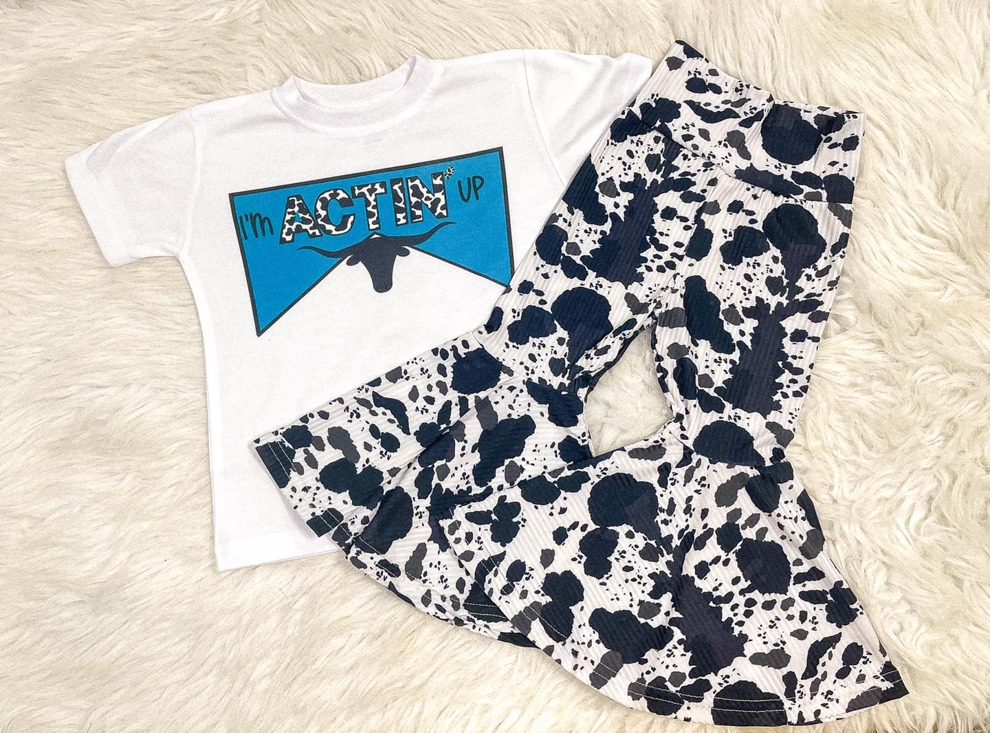preorder GSPO2274 I'm Actin Up Cow Short Sleeve Cow Print Pants Girls Set