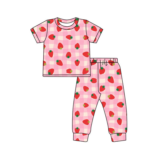 preorder GSPO2286 Strawberry Pink Checkered Short Sleeve Pants Girls Pajamas