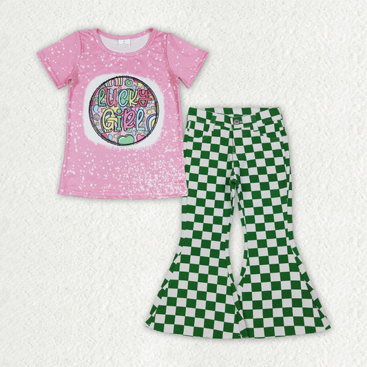 GSPO2288 Lucky Girl Pink Short Sleeve Green Checkered Jeans Girls Set