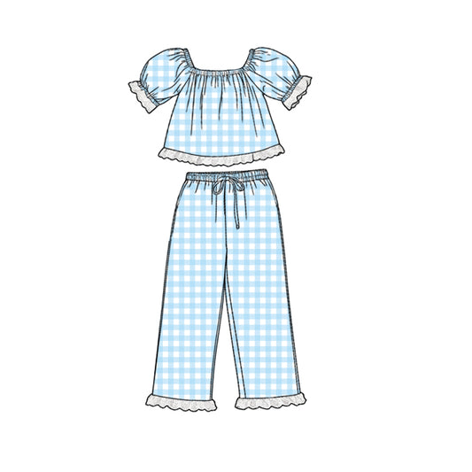 preorder GSPO2289 Blue Checkered Short Sleeve Pants Girls Set