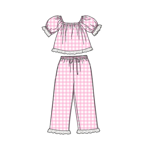 preorder GSPO2290 Pink Checkered Short Sleeve Pants Girls Set