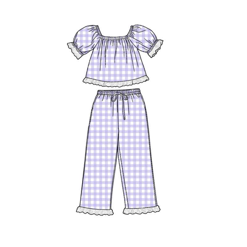 preorder GSPO2291 Purple Checkered Short Sleeve Pants Girls Set