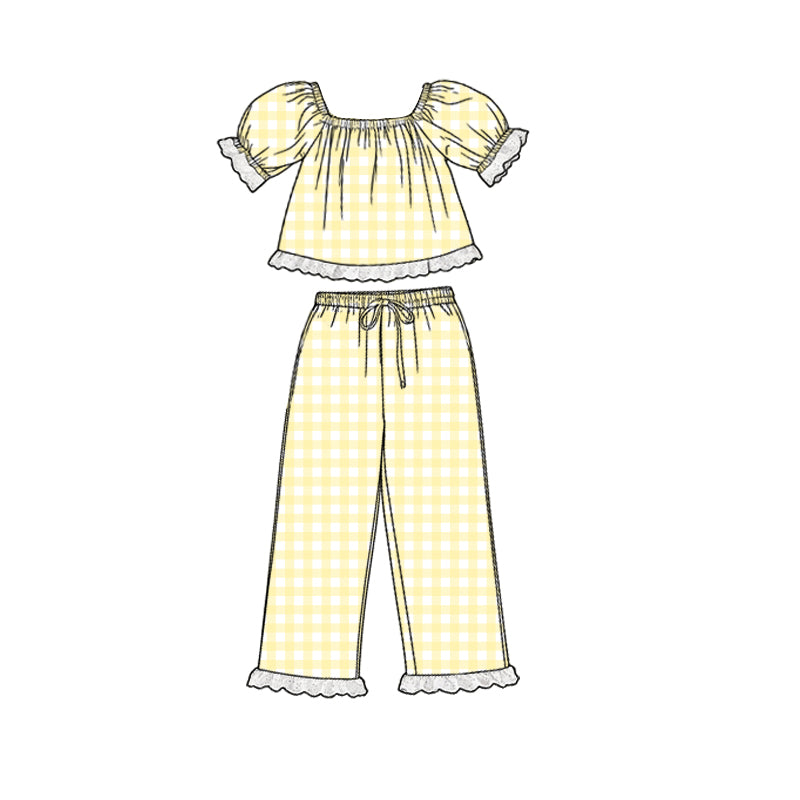 preorder GSPO2292 Yellow Checkered Short Sleeve Pants Girls Set