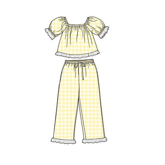 preorder GSPO2292 Yellow Checkered Short Sleeve Pants Girls Set