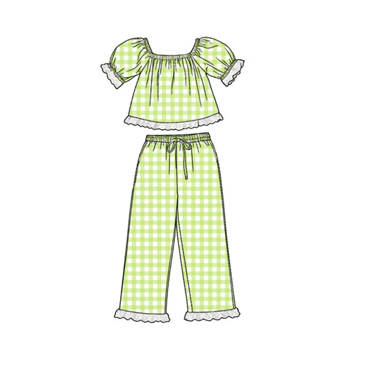 preorder GSPO2293 Green Checkered Short Sleeve Pants Girls Set