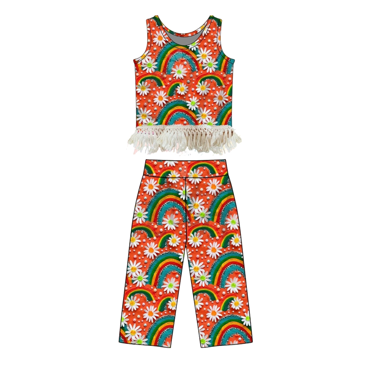 preorder GSPO2294 Dasiy Rainbow Orange Sleeveless Pants Girls Set
