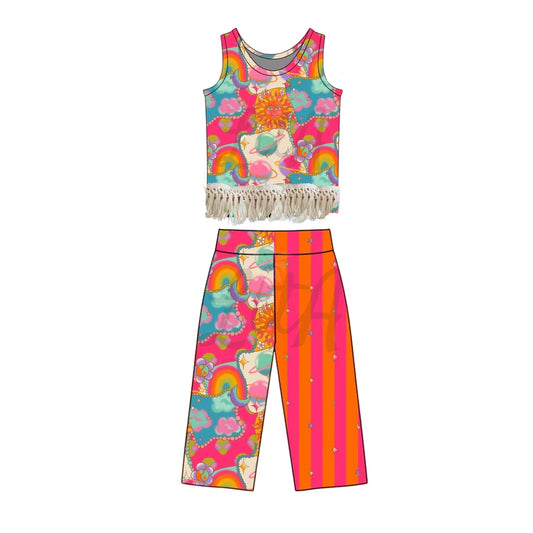 preorder GSPO2296 Rainbows Colorful Sleeveless Pants Girls Set