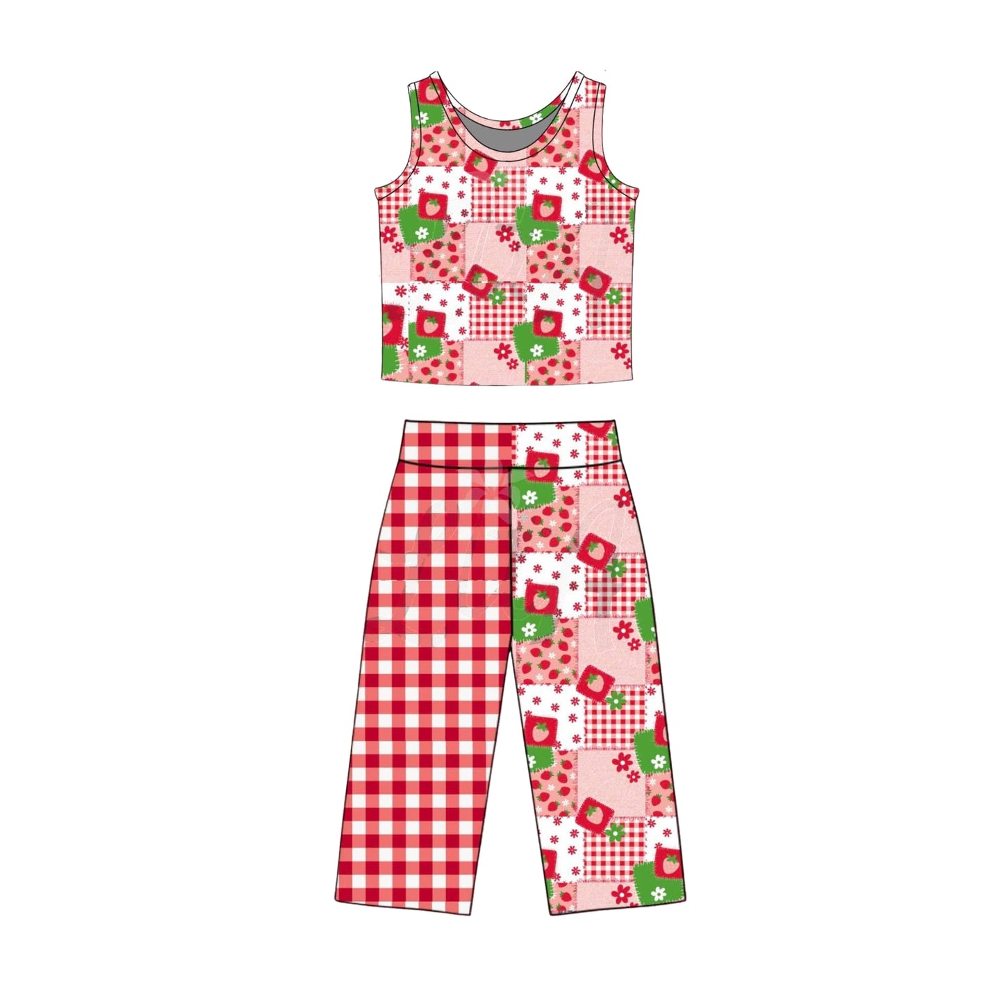 preorder GSPO2297 Strawberry Flowers Sleeveless Pants Girls Set