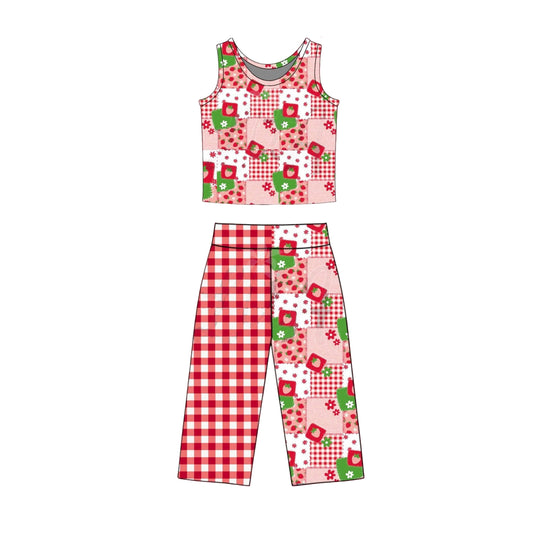 preorder GSPO2297 Strawberry Flowers Sleeveless Pants Girls Set
