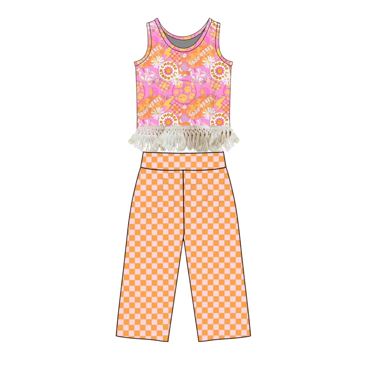 preorder GSPO2298 Flowers Checkered Sleeveless Pants Girls Set