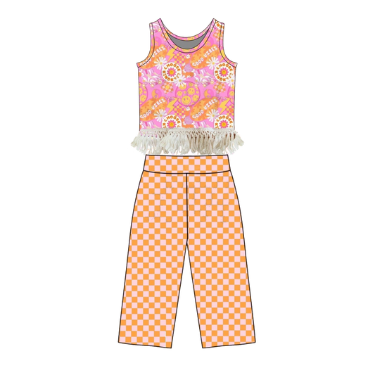 preorder GSPO2298 Flowers Checkered Sleeveless Pants Girls Set