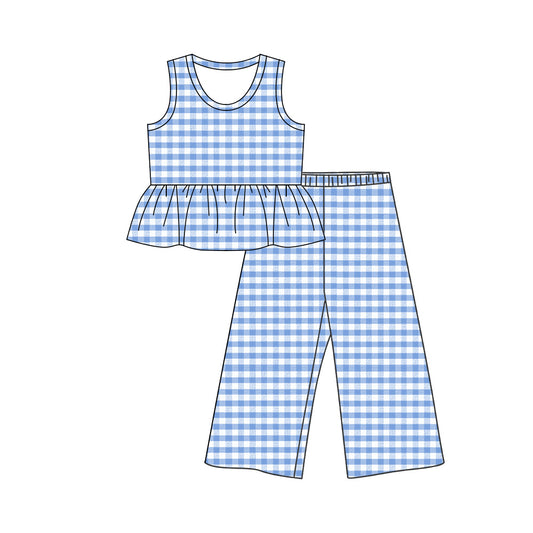 preorder GSPO2305 Blue Checkered Sleeveless Pants Girls Set