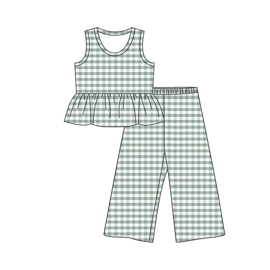 preorder GSPO2307 Green Checkered Sleeveless Pants Girls Set