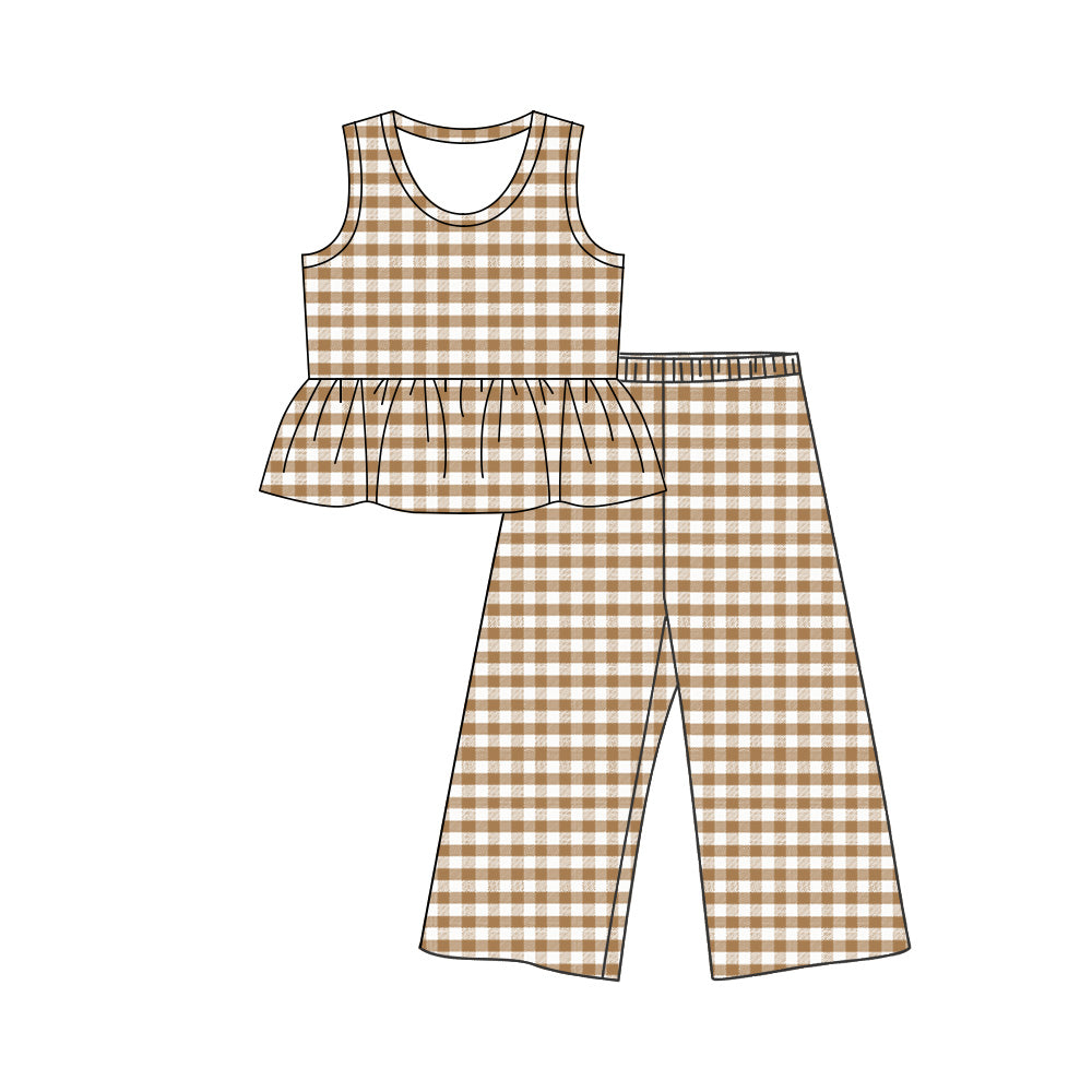 preorder GSPO2310 Khaki Checkered Sleeveless Pants Girls Set