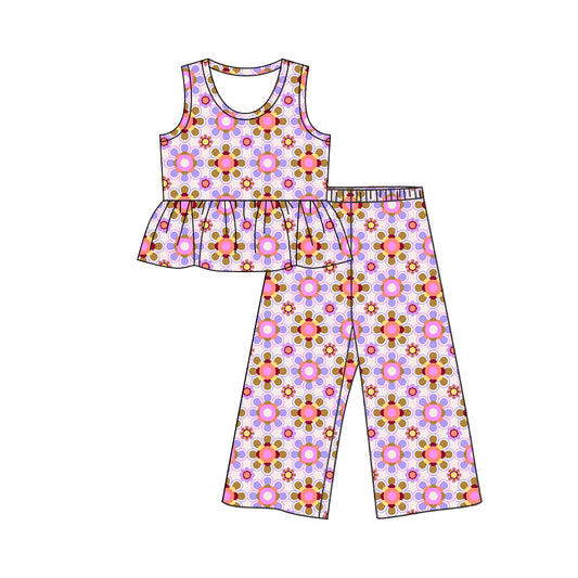 preorder GSPO2325 Purple Flowers Sleeveless Pants Girls Set