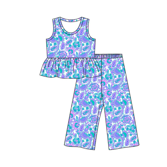 preorder GSPO2326 Purple Flowers Sleeveless Pants Girls Set