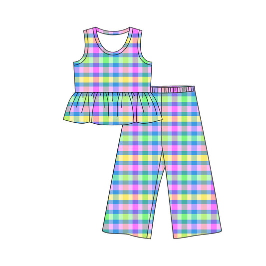 preorder GSPO2327 Rainbow Checkered Sleeveless Pants Girls Set